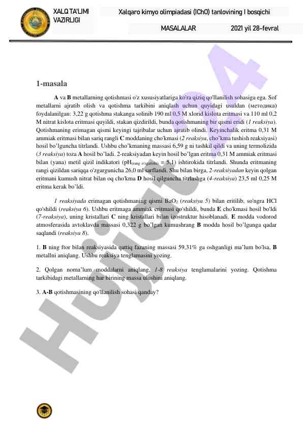 Xalqaro kimyo olimpiadasi tanlovining i bosqichi masalalari