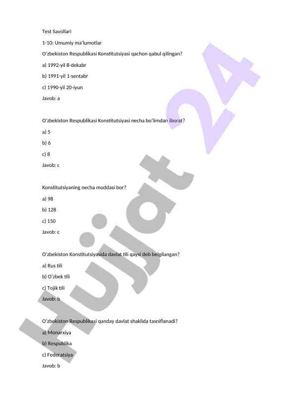 O‘zbekiston respublikasi konstitutsiyasi test savollari