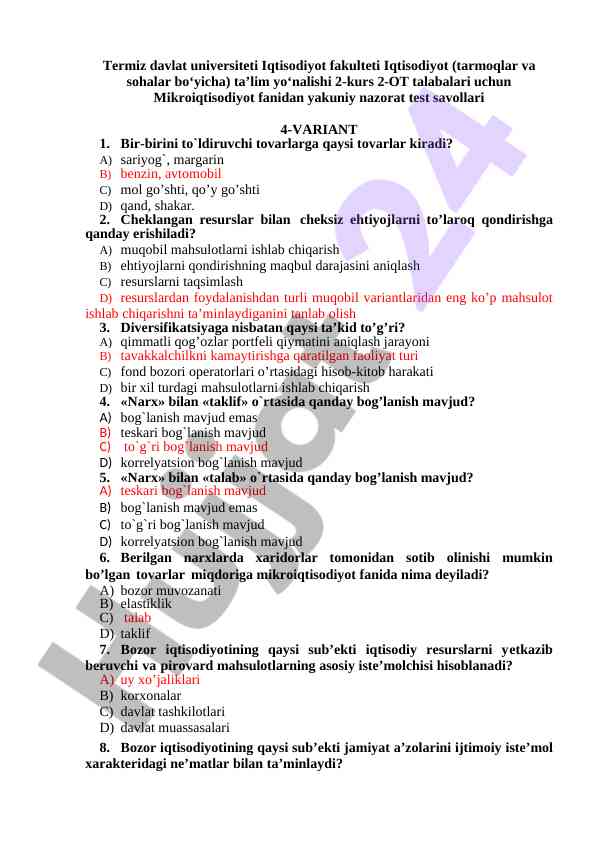 Mikroiqtisodiyot fanidan yakuniy nazorat test savollari