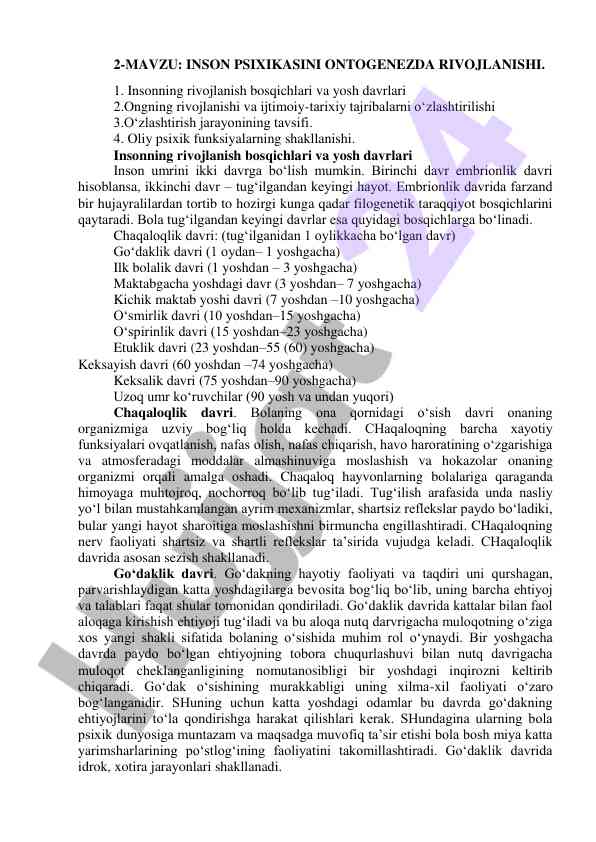 Inson psixikasini ontogenezdagi rivojlanishi
