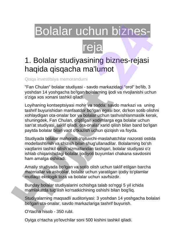 Bolalar uchun biznes-reja va loyihalar