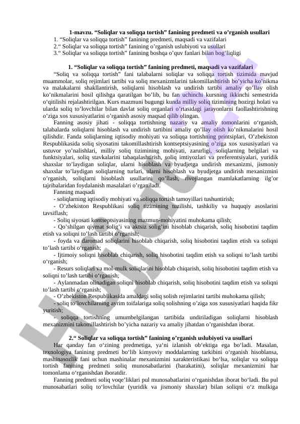 Soliqlar va soliqqa tortish fanining o’rganish usullari