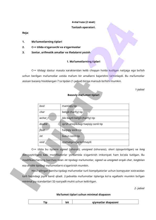 Ma’lumotlarning tiplari c++ tilida o‘zgaruvchi amallar