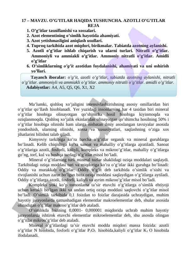 O’g’itlar haqida tushuncha va azotli o’g’itlar