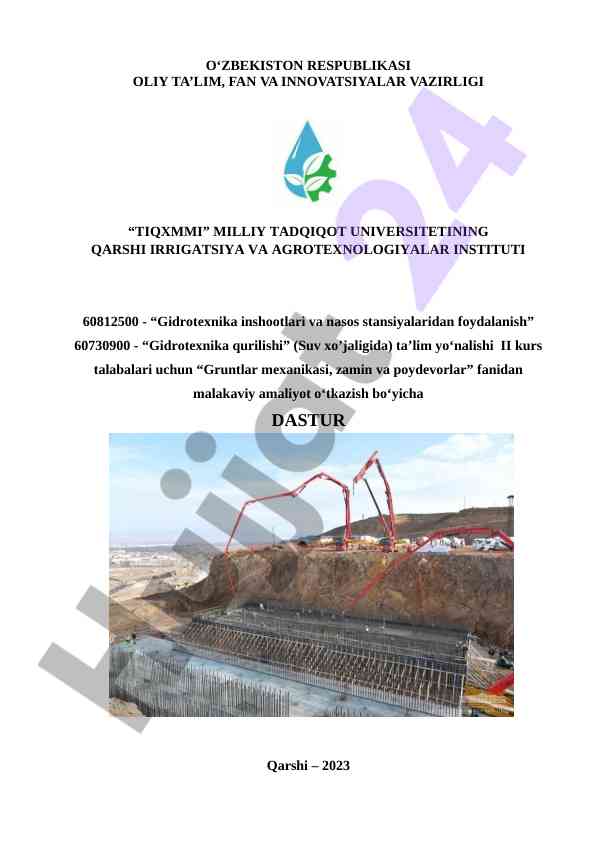 Gruntlar mexanikasi fanidan malakaviy amaliyot dasturi
