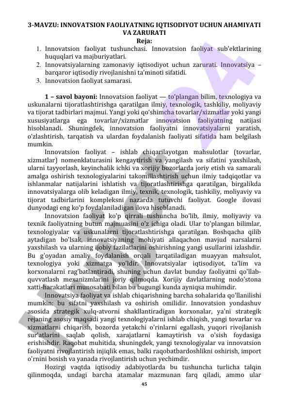 Innovatsion faoliyatning iqtisodiyot uchun ahamiyati
