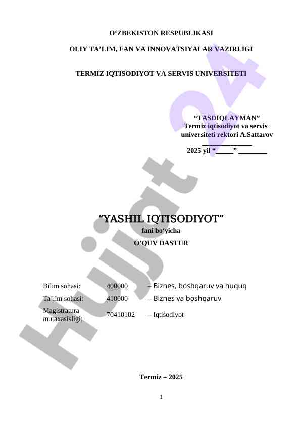 Yashil iqtisodiyot fani bo‘yicha o‘quv dastur