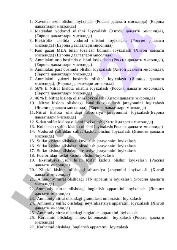 Azot va vodorod olishni loyixalash usullari