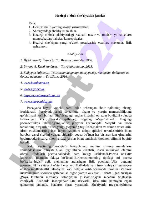 Hozirgi o‘zbek she’riyatida janrlar tahlili