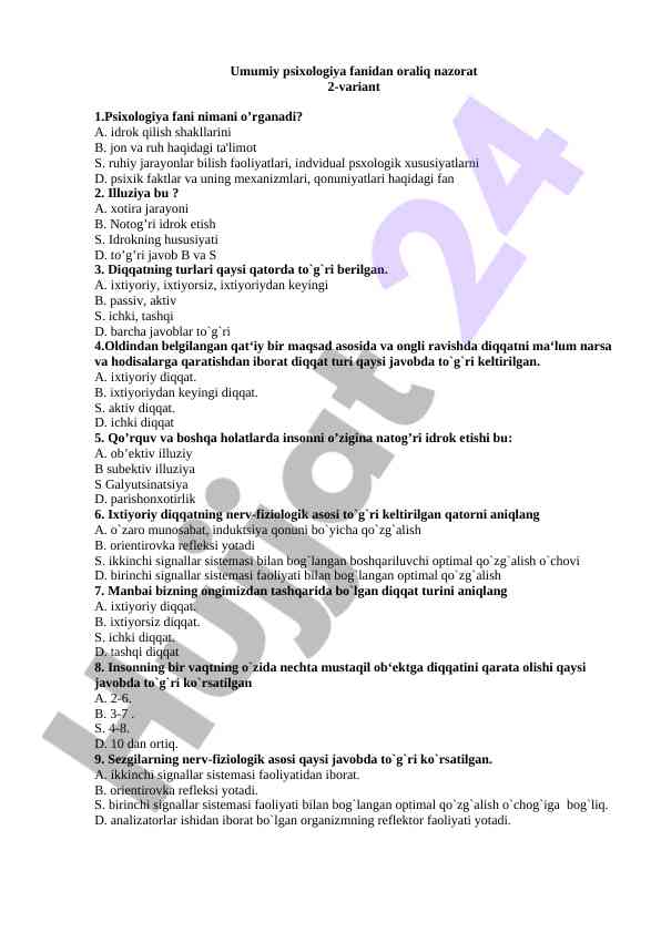 Umumiy psixologiya fanidan oraliq nazorat 2-variant