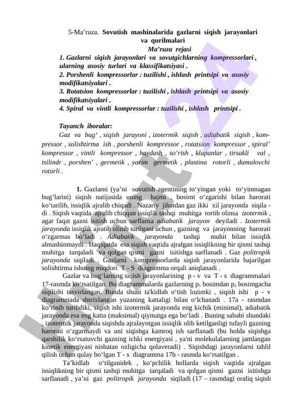 Sovutish mashinalarida gazlarni siqish jarayonlari