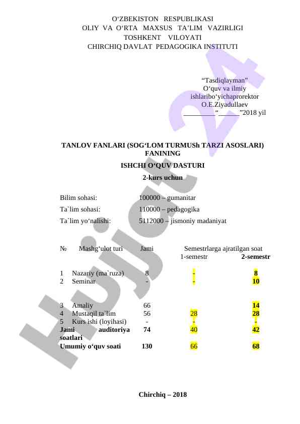 Sog‘lom Turmush Tarzi Asoslari Fani Dasturi