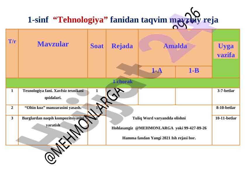 Tehnologiya fanidan mavzu rejalari umumiy ta'lim