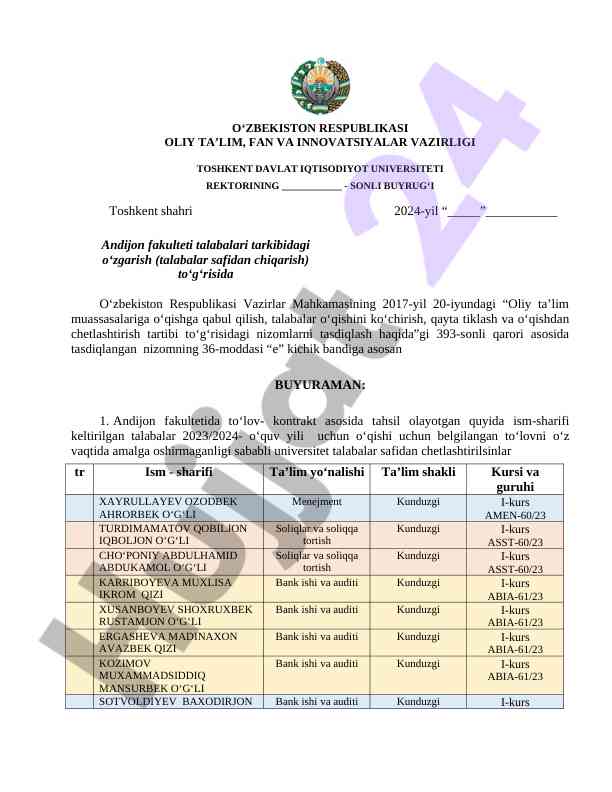 Talabalar safidan chetlashtirish buyrug‘i 2024