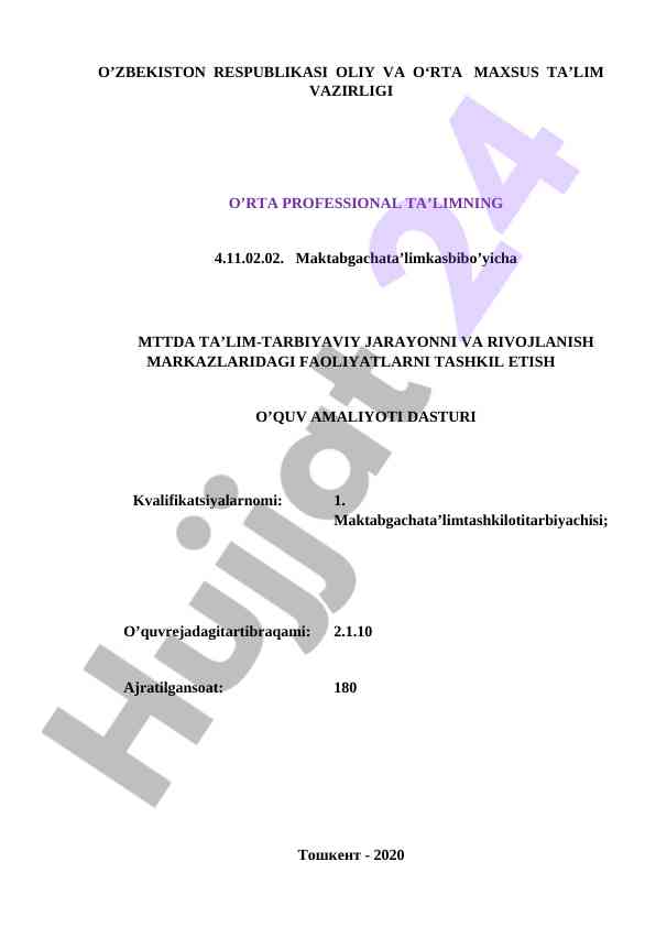 Maktabgacha ta’lim tashkil etish o‘quv amaliyoti dasturi