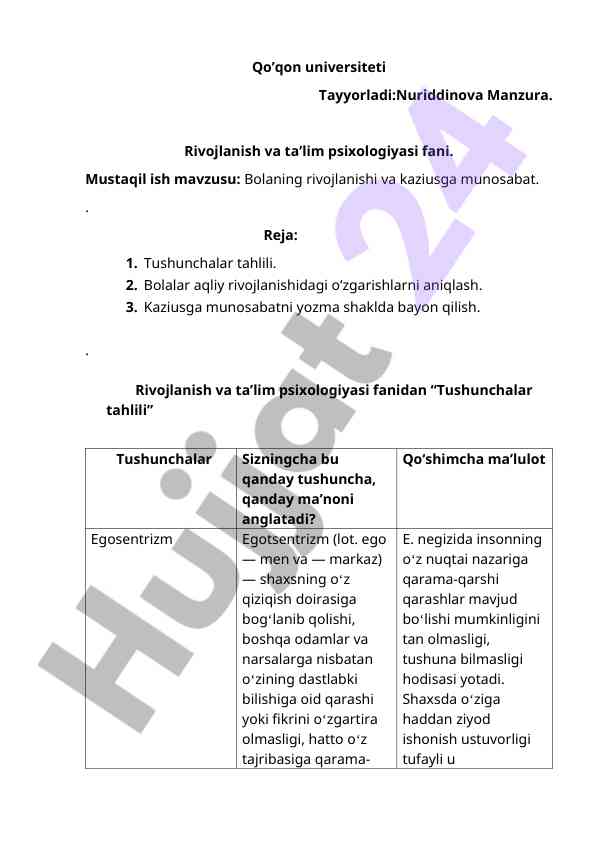 Bolaning rivojlanishi va kaziusga munosabat tahlili