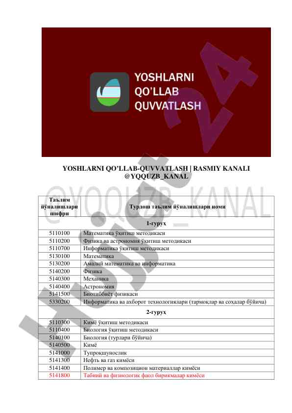Yoshlarni qo‘llab-quvvatlash ta'lim yo‘nalishlari