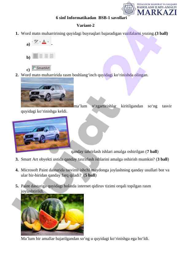 Informatika 6 sinf bsb-1 savollari variant-2