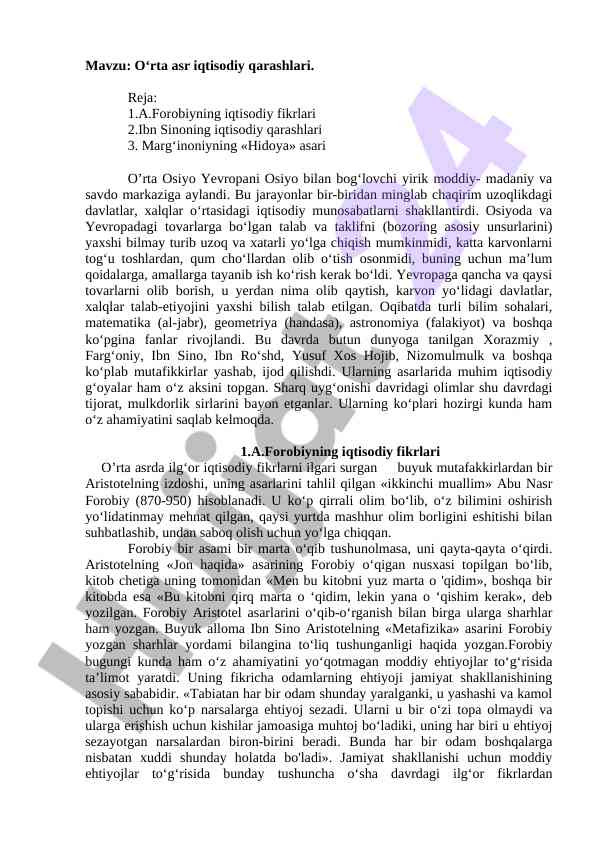 O‘rta asr iqtisodiy qarashlari va ularning ta‘siri