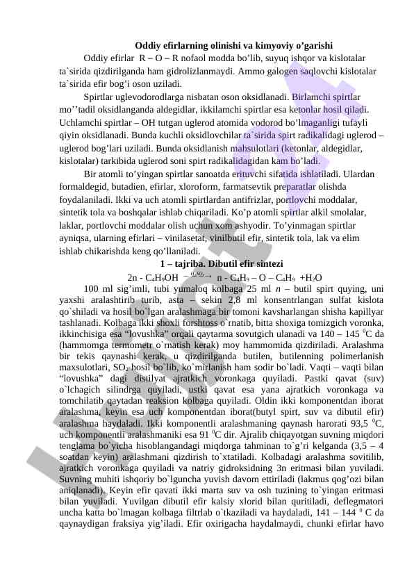 Oddiy efirlarning olinishi va kimyoviy o‘garishi