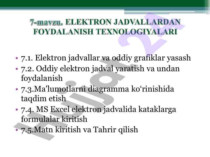 Microsoft excel elektron jadval dasturi bo‘yicha qo‘llanma