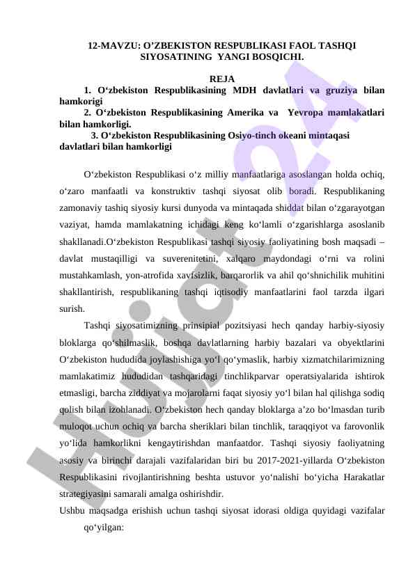 O‘zbekiston respublikasi tashqi siyosati yangilanishi