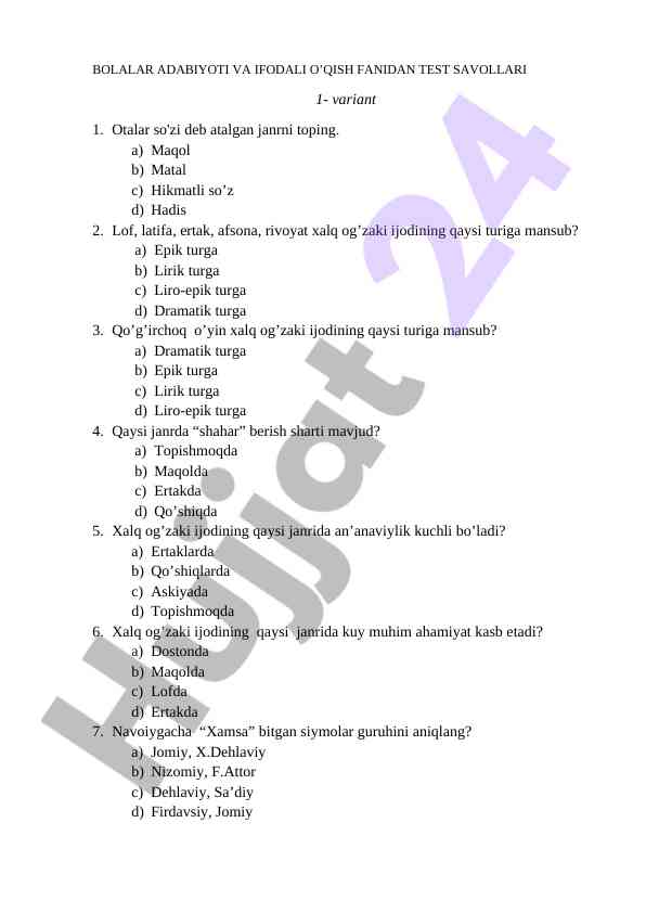Bolalar adabiyoti test savollari 1-variant