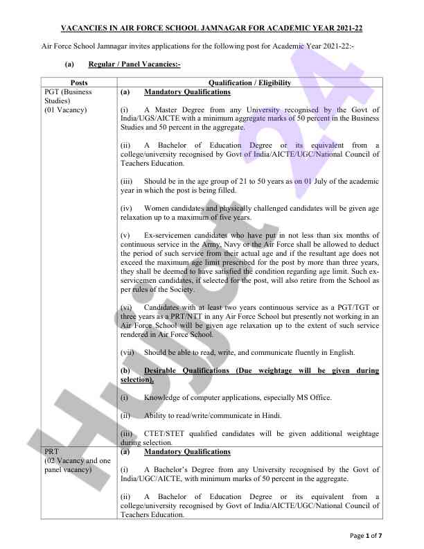 Air force school jamnagar recruitment 2021-22