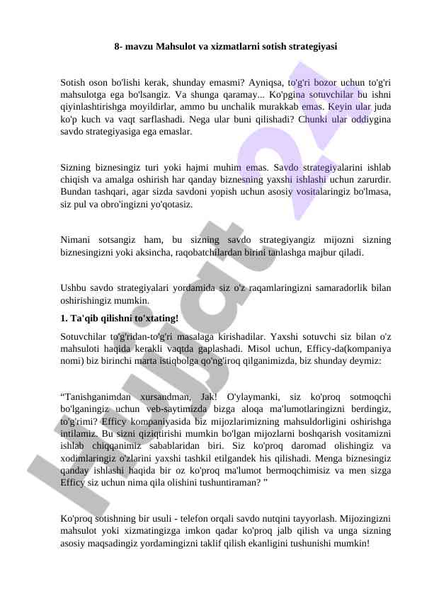 Mahsulot va xizmatlarni sotish strategiyasi