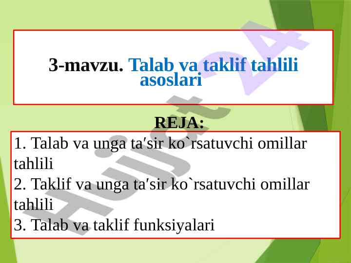 Talab va taklif tahlili asoslari dars ishlanmasi