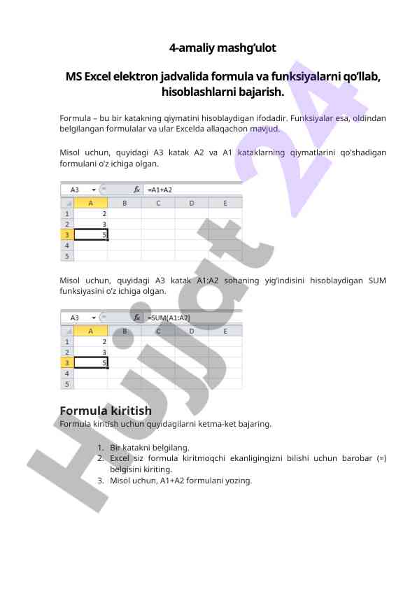 Ms excel da formula va funksiyalarni o‘rganish