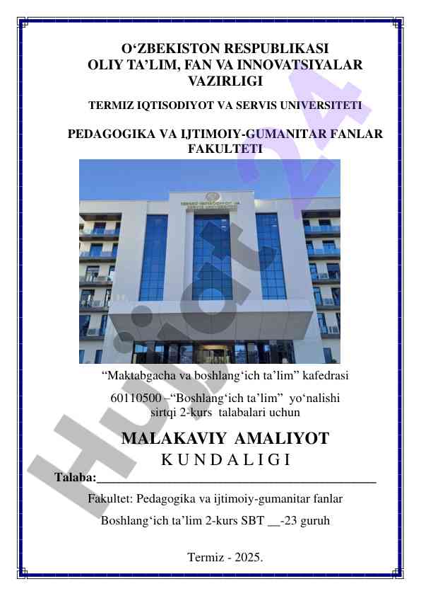 Malakaviy amaliyot kundaligi boshlang‘ich ta’lim