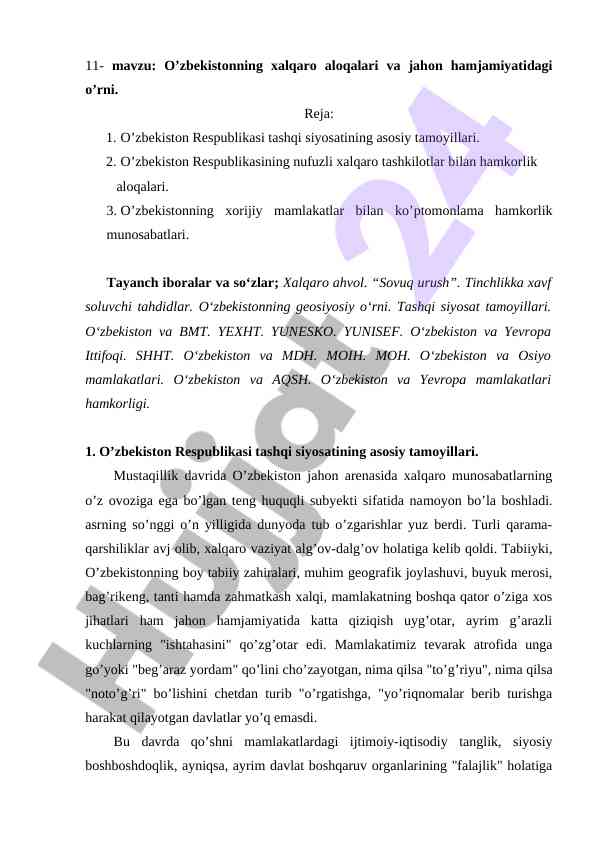 O’zbekistonning xalqaro aloqalari va jahon muammolari