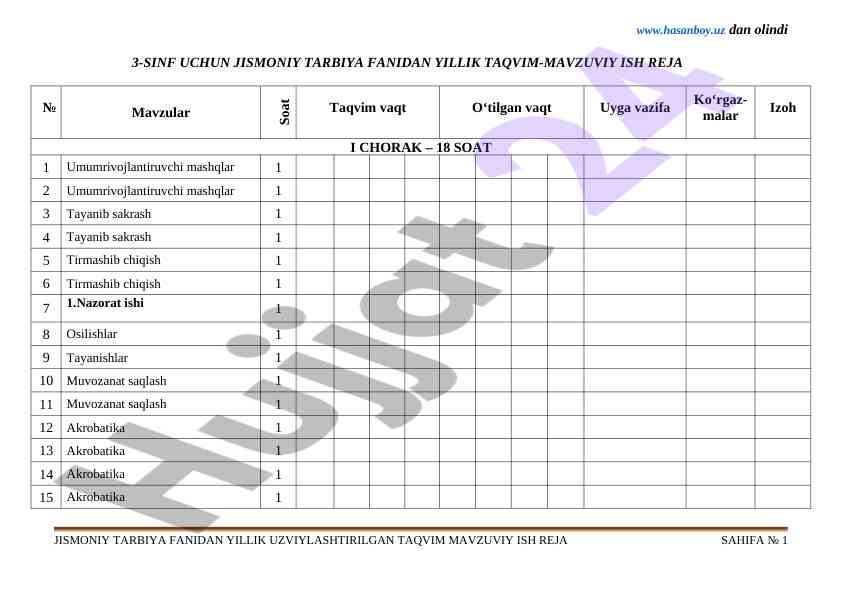 3-sinf uchun jismoniy tarbiya yillik taqvim reja