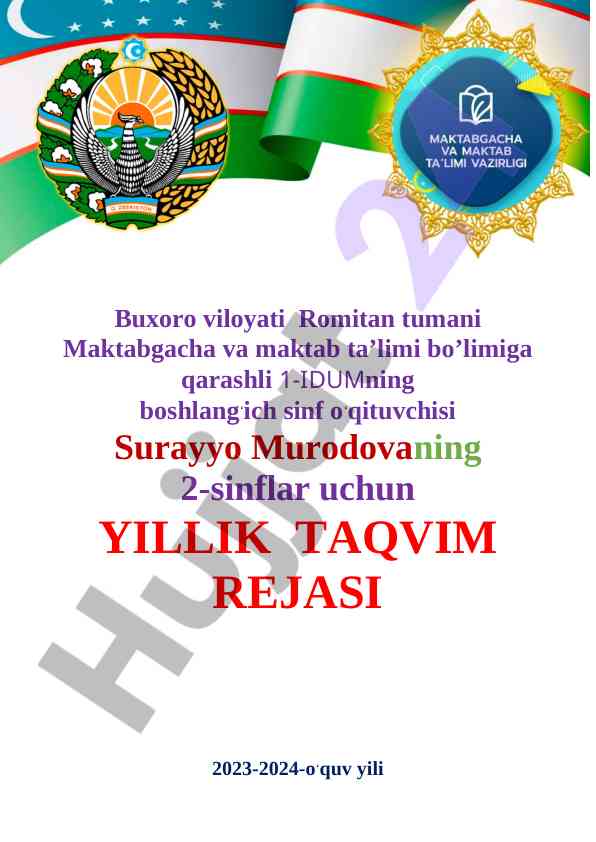 Yillik taqvim rejasi 2023-2024 o‘quv yili