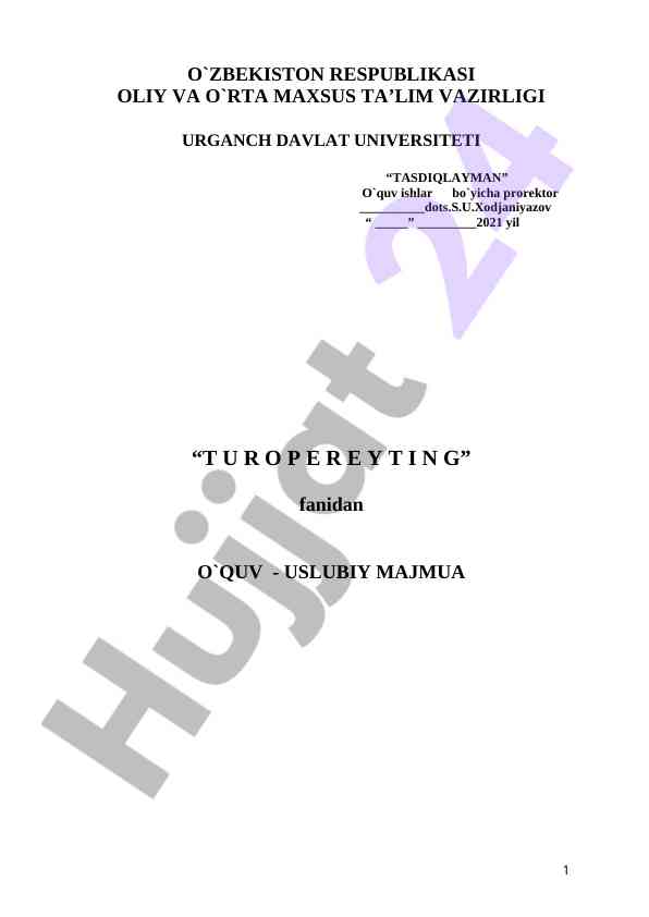 Ta'lim uslubiy majmua: turopereyting fanidan o'quv dasturlari