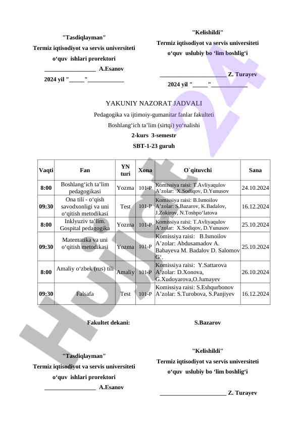 Yakuniy nazorat jadvali boshlangich ta'lim