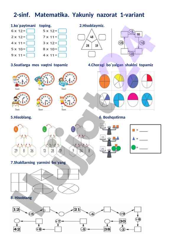 2-sinf matematika yakuniy nazorat variantlar