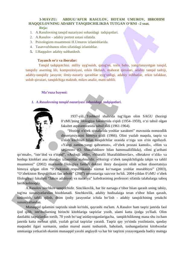 Abdug‘afur rasulov va adabiy tanqidchilik tahlili