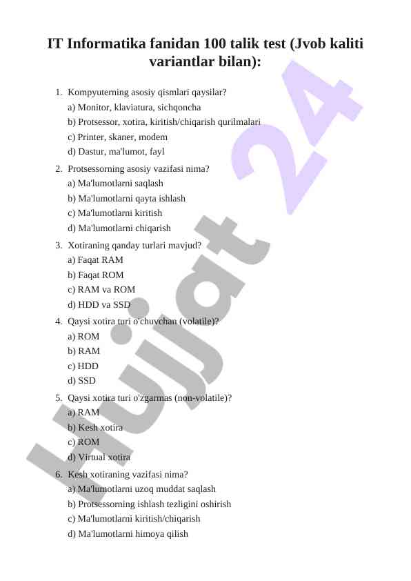 It informatika fanidan 100 talik test savollari