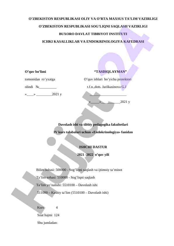 Endokrinologiya fani bo'yicha ishchi dastur 2021-2022