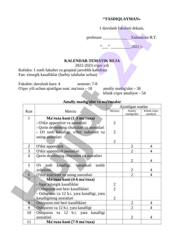Kalendar-tematik reja 2022-2023 o‘quv yili