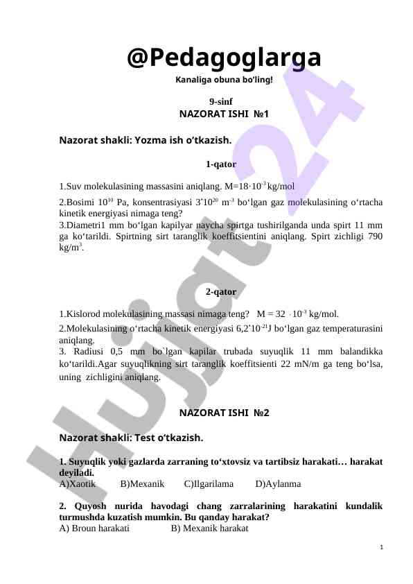 Nazorat ishlari bo‘yicha 9-sinf mavzulari