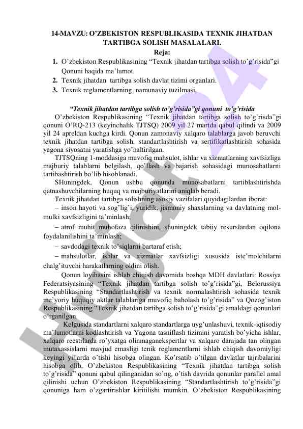 Oʻzbekistonda texnik jihatdan tartibga solish masalalari