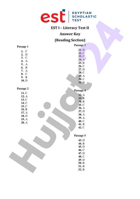 Est i literacy test ii answer key reading section