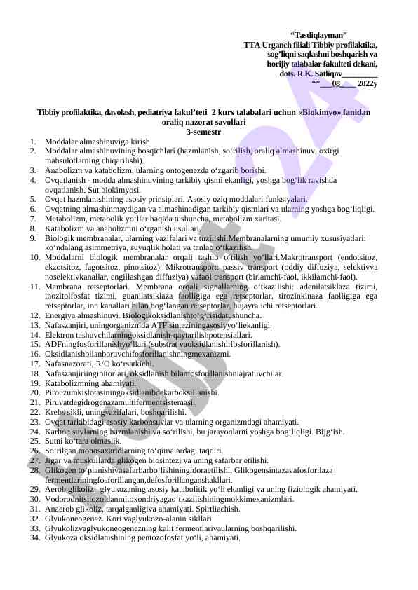 Oraliq nazorat savollari biokimyo fanidan