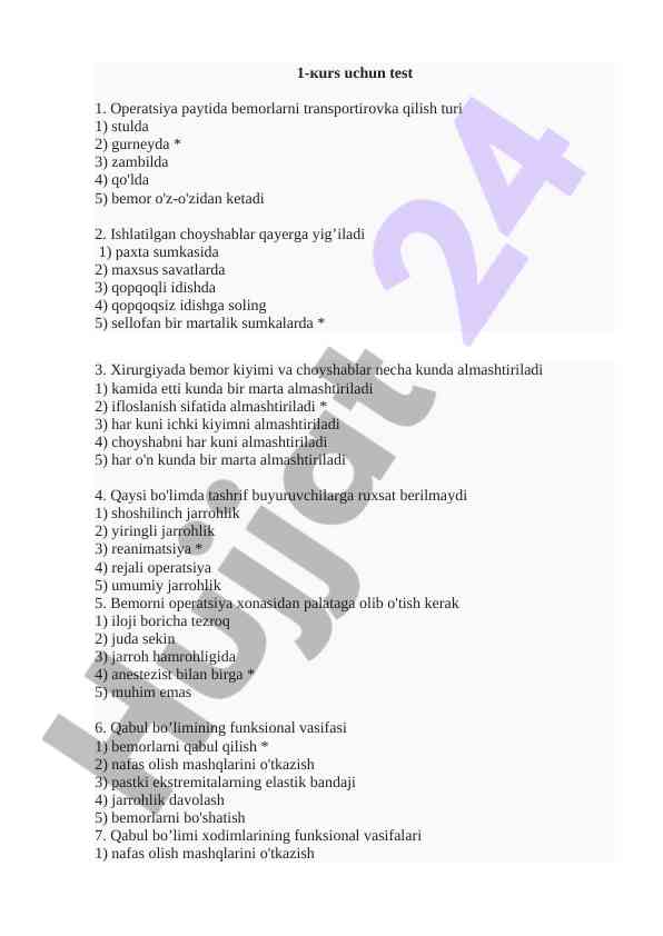 1-kurs uchun testlar va savollar