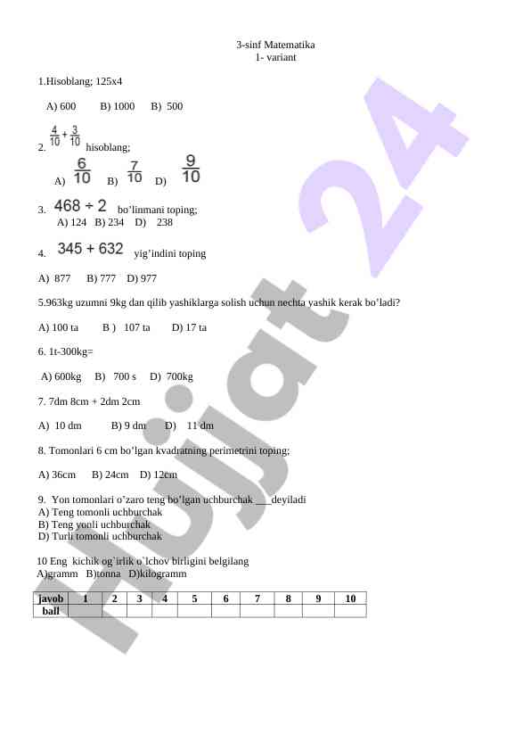 3-sinf matematika test varyanti