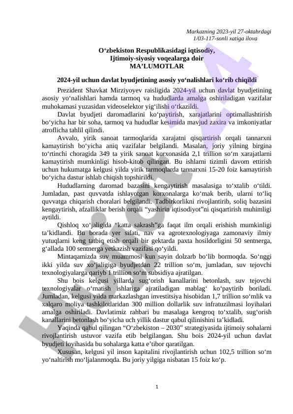 2024-yil davlat byudjeti asosiy yo'nalishlari