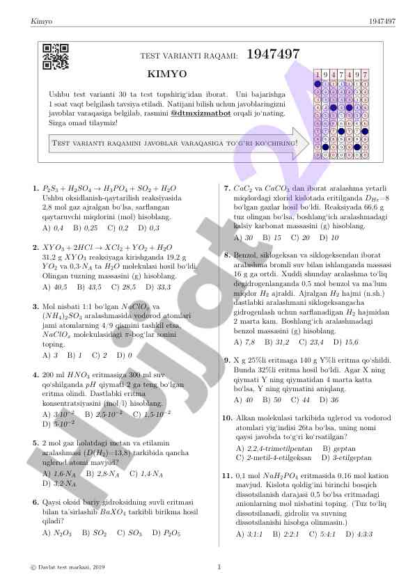 Kimyo test variantlari bilan o'zlashtirish